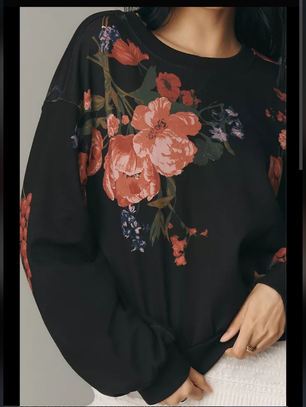 The Niki Bubble Sweatshirt by Pilcro | Anthropologie Floral Print Black Top - Picture 5 of 10